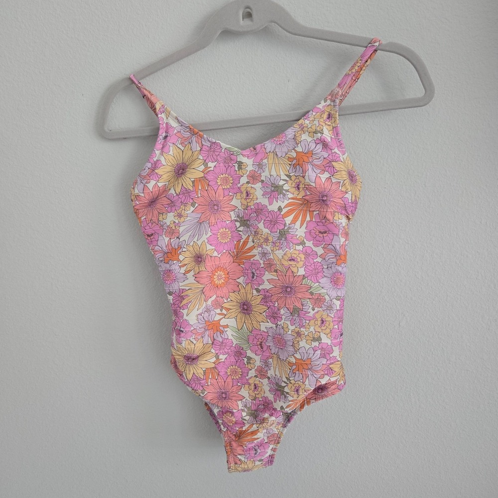 Raisins One Piece Swimsuit Girls 14 Multicolor Floral Ribbed Criss-Cross Back